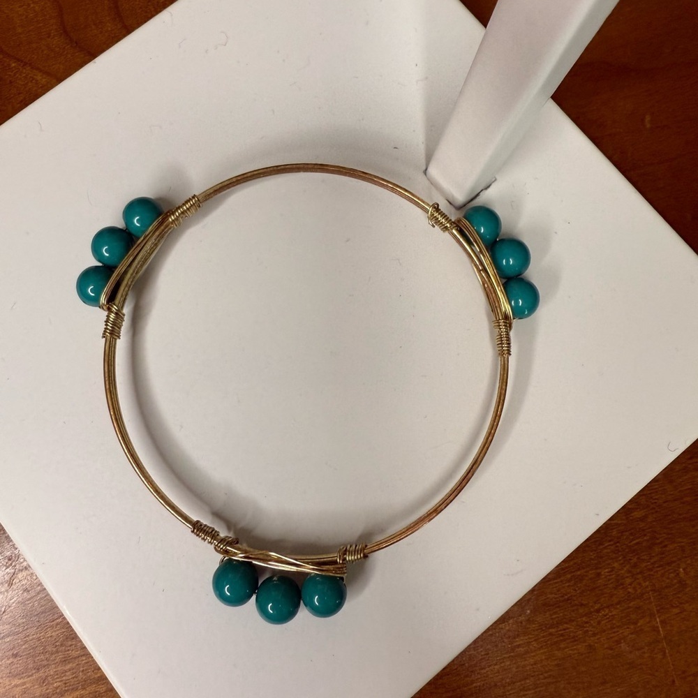 Vintage MADEIRA GEMSTONE BANGLE BRACELET Gold and Turquoise Beaded Bracelet - Picture 4 of 6